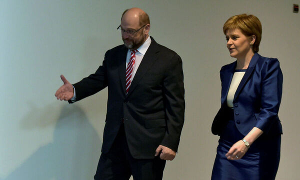 Scotland's First Minister Sturgeon is welcomed by EP President Schulz ahead of a meeting at the EP in Brussels