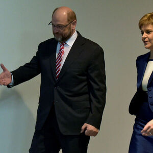 Scotland's First Minister Sturgeon is welcomed by EP President Schulz ahead of a meeting at the EP in Brussels