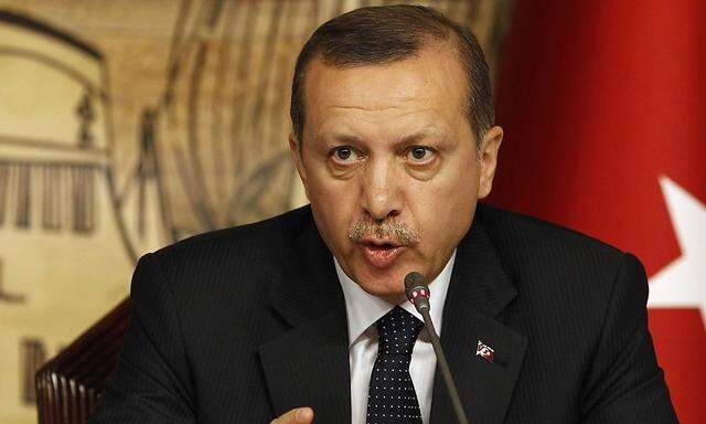 Prime Minister Erdogan gestures during a news conference after their meeting with Russia's President Putin