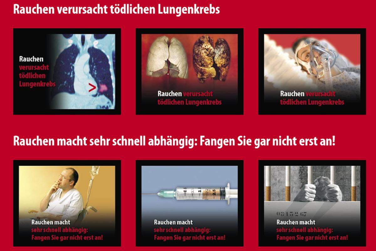 Raucherlunge, Kehlkopfkrebs, verfaulte Zähne und Ultraschallbilder von ungeborenen Babys - das sind nur einige der schockierenden 42 Bilder, die künftig Rauchern auf den Zigarettenpackungen ins Auge stechen sollen. Sie decken mindestens 65 Prozent der Oberfläche ab.