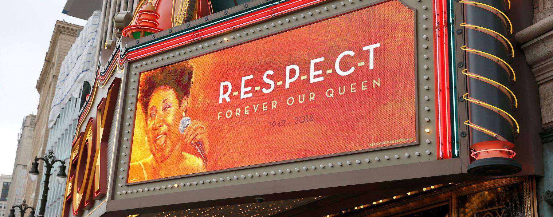 The marquee on the Fox Theater shows the word 'Respect' in memory of singer Aretha Franklin in downtown Detroit,