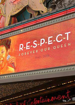 The marquee on the Fox Theater shows the word 'Respect' in memory of singer Aretha Franklin in downtown Detroit,