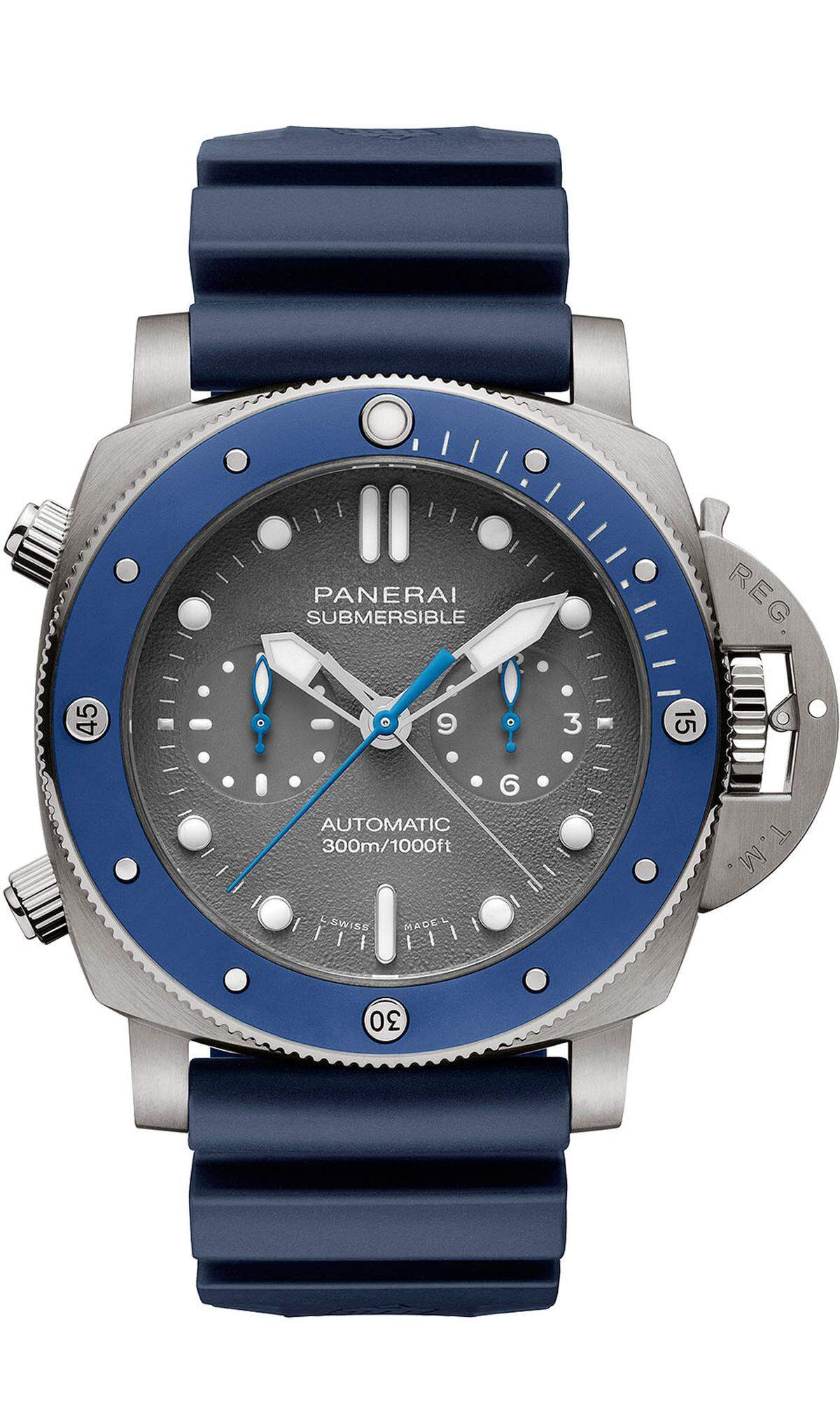 Panerai „Submersible Chrono Guillaume Néry Edition". Quell der Inspiration dieser Taucheruhr ist der französische Weltmeister im Freitauchen, Guillaume Néry.   