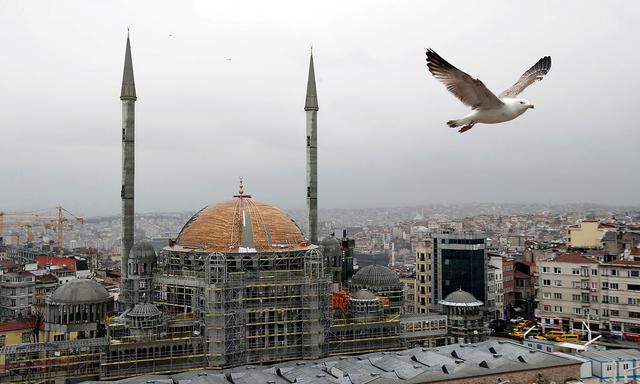 FILE PHOTO: A seagull flies over the Taksim sqaure with a new mosque under construction in the background, in central Istanbul