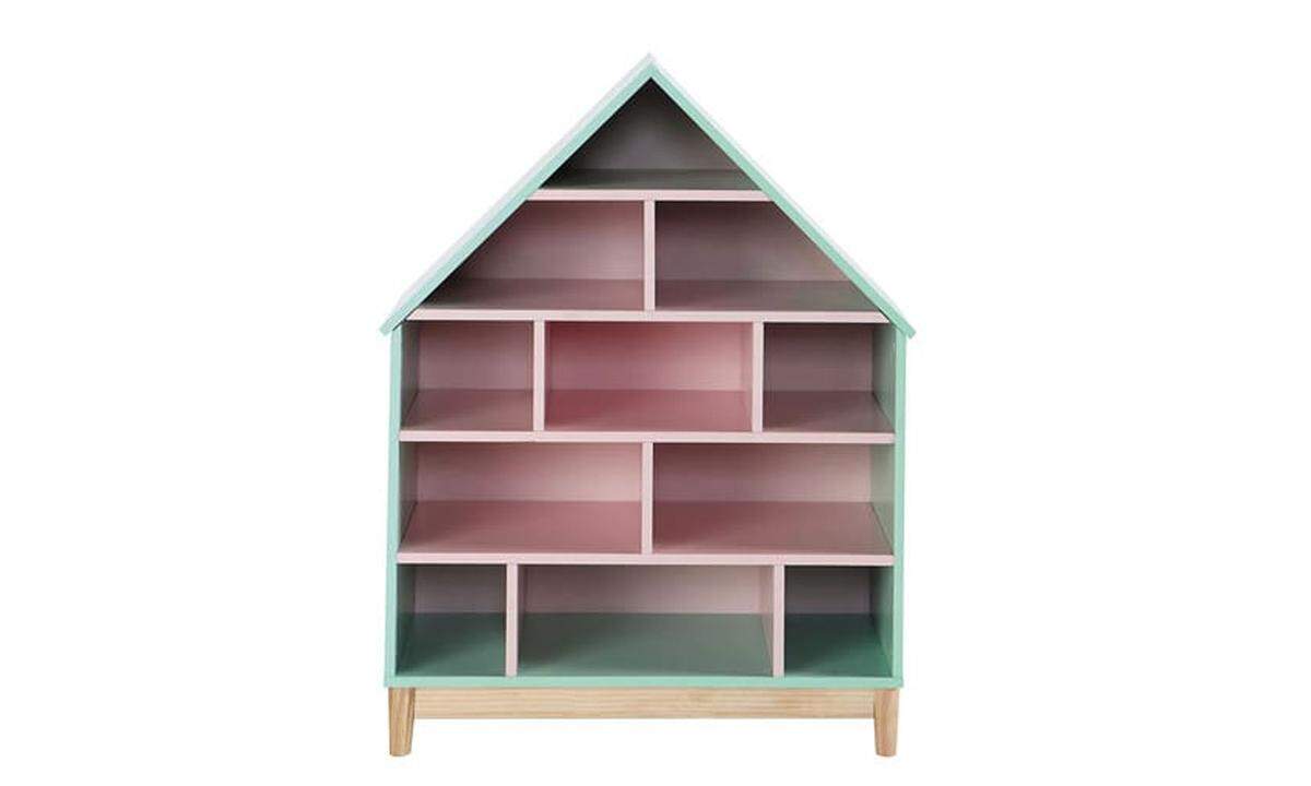 Dieses Bücherregal von Berlingot in Form eines Puppenhauses bringt Pastellfarben und zahlreiche Aufbewahrungsfächer für Ronja, Jim Knopf und Momo mit.