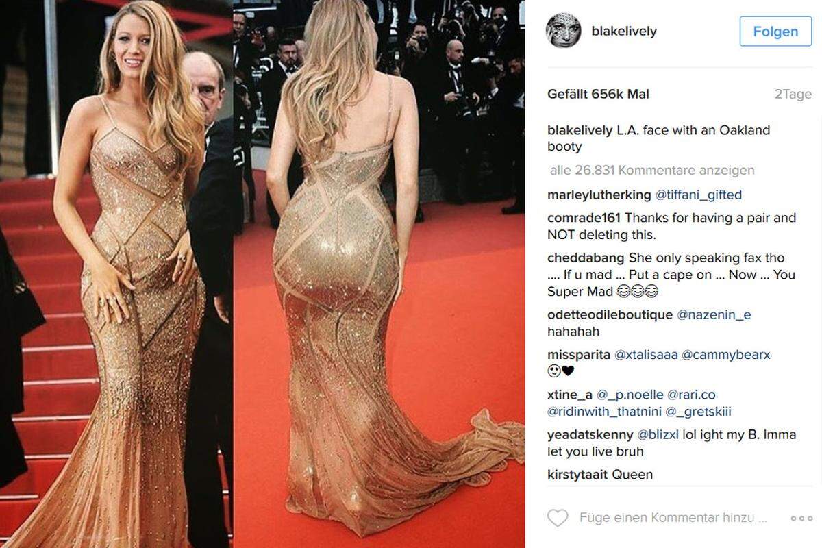 Blake Lively wollte heuer via Instagram lustig sein und hat dabei eine Rassismus-Debatte ausgelöst. Das "Gossip Girl!" a.D. postete zwei Fotos von sich auf dem roten Teppich in Cannes, Vor- und Rückansicht, dazu schrieb sie: "L.A. face with an Oakland booty" (zu deutsch: "L.A.-Gesicht und einen Hintern aus Oakland"). Der überwiegende Teil der Bewohner von Oakland ist schwarz. Damit reihte sie sich in eine lange Liste von Stars, die schon einmal das Toleranzband der Internetgemeinde überstrapaziert haben.