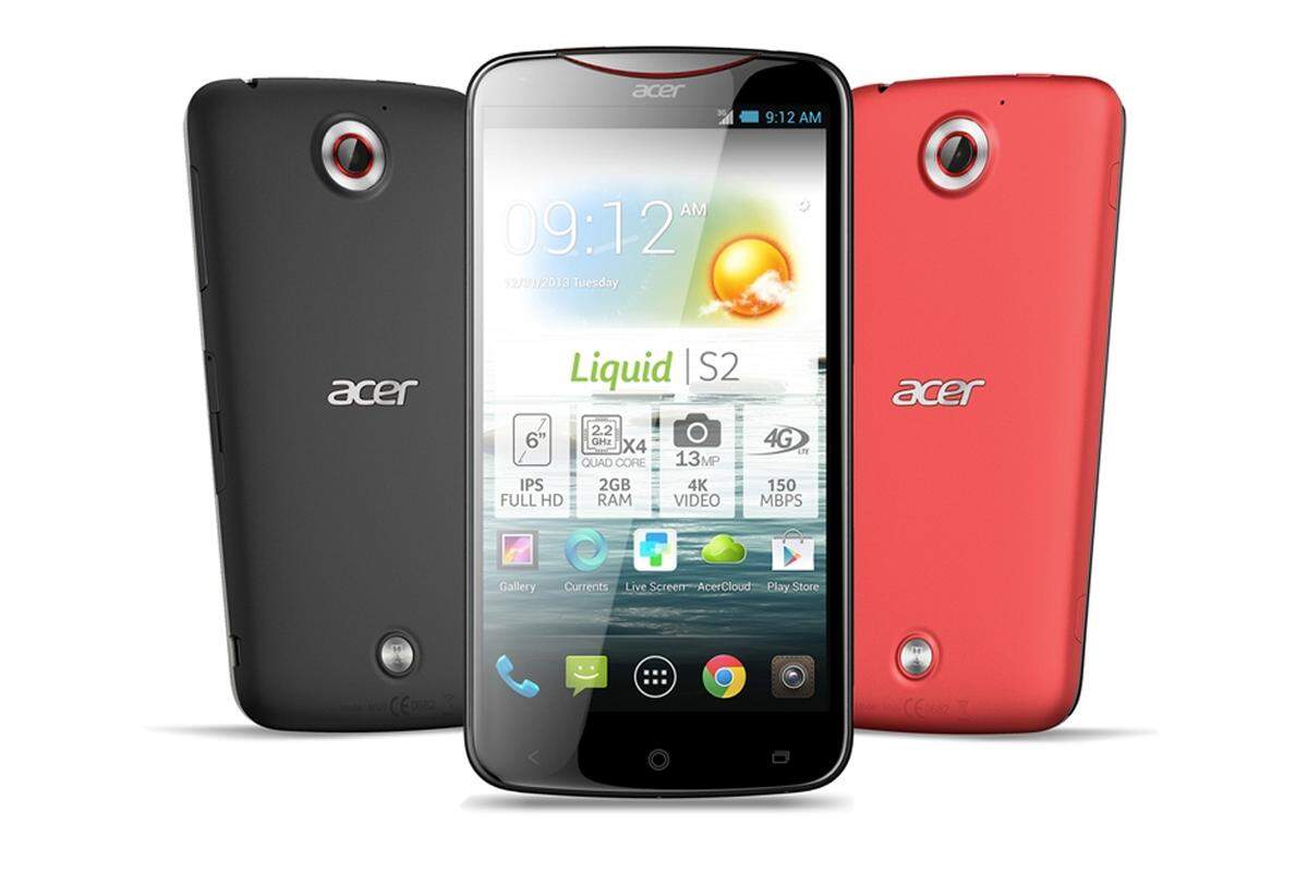 Acer hat bereits im Vorfeld der IFA sein 6-Zoll-Smartphone mit 13-Megapixel-Kamera angekündigt. Das Liquid S2 kommt mit einem starken Qualcomm-Prozessor mit 2,2 Gigahertz. Der Arbeitsspeicher misst 2 Gigabyte, der Akku bringt es auf 3300 mAh. Durch den Prozessor sollen Video-Aufnahmen in 4K, also der vierfachen Full-HD-Auflösung möglich sein. Das Liquid S2 wird ab Oktober erhältlich sein.