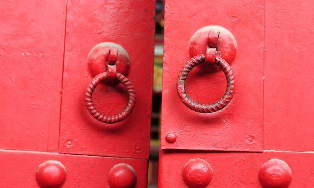 Closeup view of red doors with iron doorknobs , 2298443.jpg, doorknob, door, chinese, entrance, knob, design, decoration