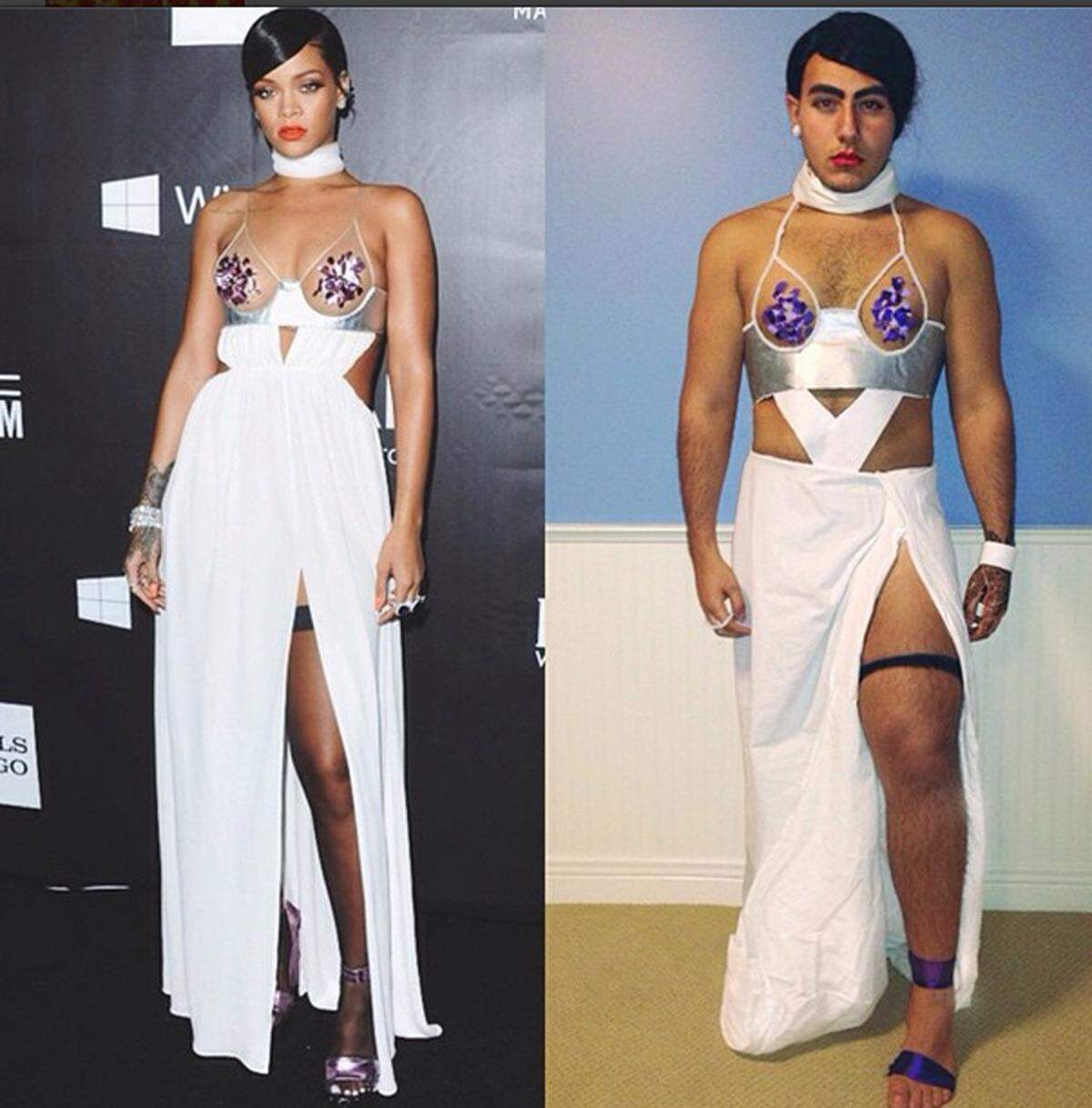 Aus einem Leintuch und Klebeband entsteht das gewagte Outfit von Rihanna.