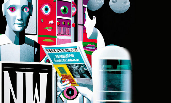 Auch dieses Bild hat eine Künstliche Intelligenz (Dall-E) hergestellt. Mit dem folgenden Text: „Painting of the revolution of the artificial intelligence in news magazine cover style“.