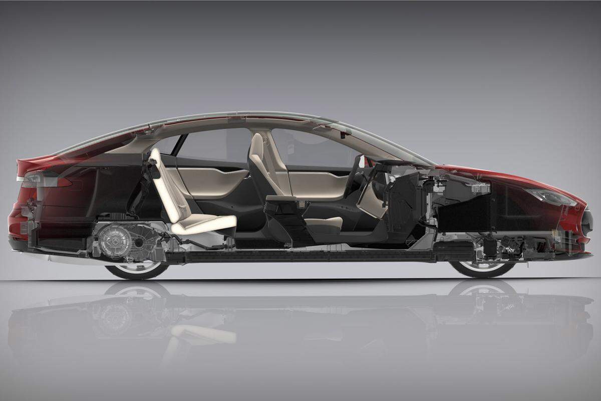 Tesla Model S Maße L/B/H: 4970/2187/1435 mm. Radstand: 2960 mm. Leergewicht: 2239 kg. Kofferraumvolumen: 895 bis 1795 Liter.Motor: Ein E-Motor pro Achse; Akku-Kapazität 85 kWh; Allradantrieb.Testverbrauch: 24 kWh/100 km; Beschleunigung: 0-100 km/h in 3,3 bzw. 3,0 Sekunden mit Software-Upgrade.Höchstgeschwindigkeit: 250 km/hDrehmoment: 990 Nm.Preis: 112.100 Euro (Basispreis ab 85.500 Euro).