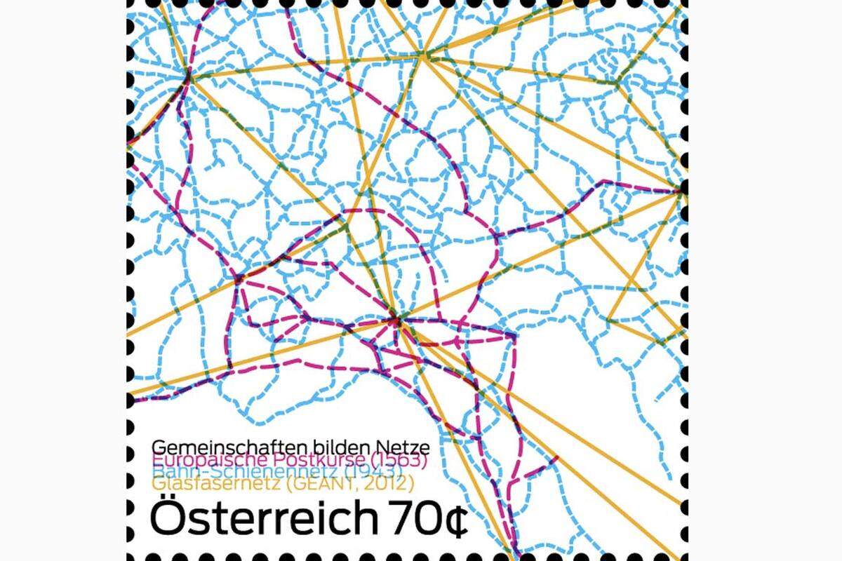 ENTWURF Nr. 16: Gemeinschaften bilden NetzeGESTALTER: Lichtwitz Leinfellner visuelle Kultur KG, WienIn drei Farben werden drei verschiedene Karten übereinandergedruckt: Eine zeigt die europäischen Postkurse im Jahr 1563, die zweite das gesamte Bahnschienennetz 1943 und das dritte die Topologie des GÉANT-Glasfaser-Hochgeschwindigkeitsdatennetzes 2012.