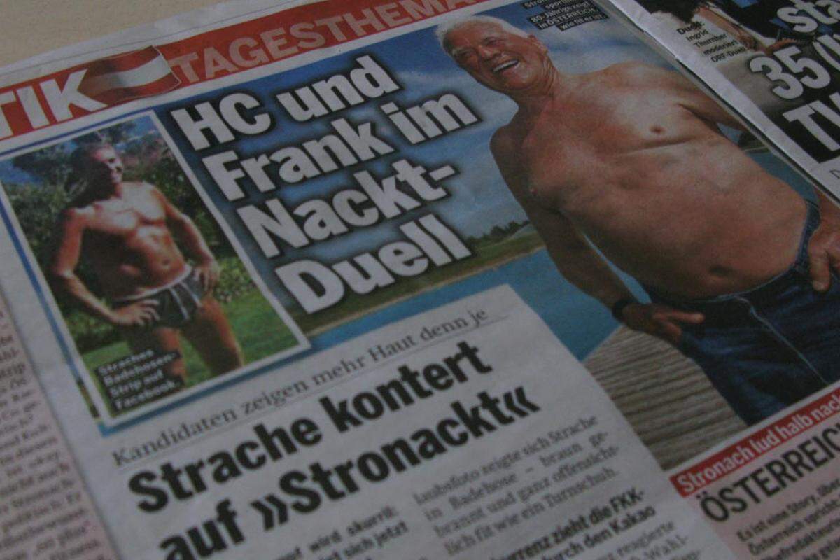 "Ich bin topfit", prahlt Frank Stronach und zeigt seinen nackten Oberkörper. "Top fit in den Wahlkampf", prahlt Heinz-Christian Strache ... und zeigt seinen nackten Oberkörper. "Österreich" ruft ein "Nackt-Duell" aus, und der Wahlkampf hat seinen Skurrilitäten-Höhepunkt erreicht.