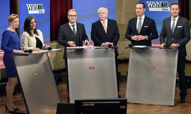 WIEN-WAHL: TV-DISKUSSION/MEINL-REISINGER (NEOS); VASSILAKOU (GR�NE); ORF-MODERATOR TESAREK; H�UPL (SP�); STRACHE (FP�); JURACZKA (�VP)