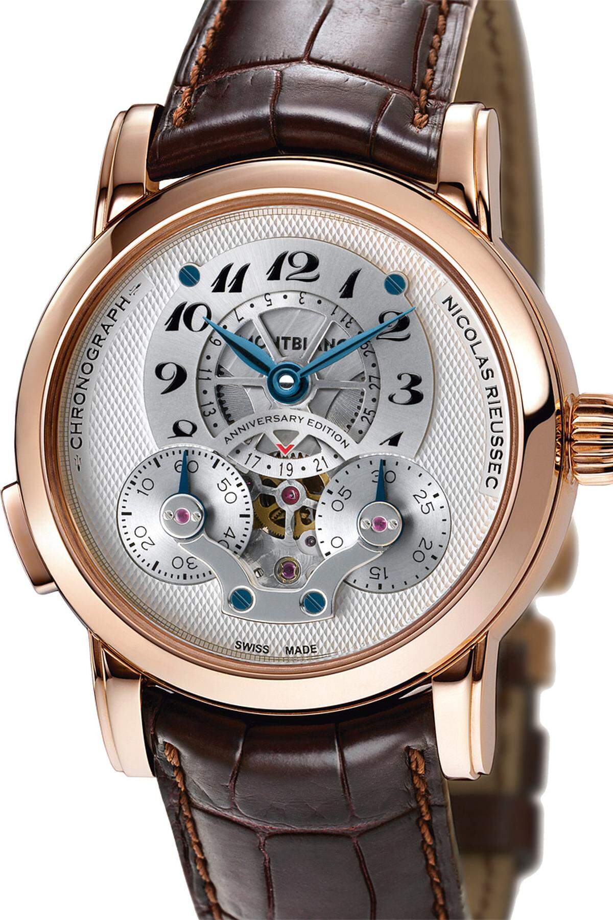 „Nicolas Rieussec Chronograph Anniversary Edition“. Die kontemporäre Interpretation des Ur-Chronografen von N. Rieussec. Im Inneren des 43 mm großen Rotgoldgehäuses tickt das Montblanc-Handaufzug-kaliber „MBR110“.