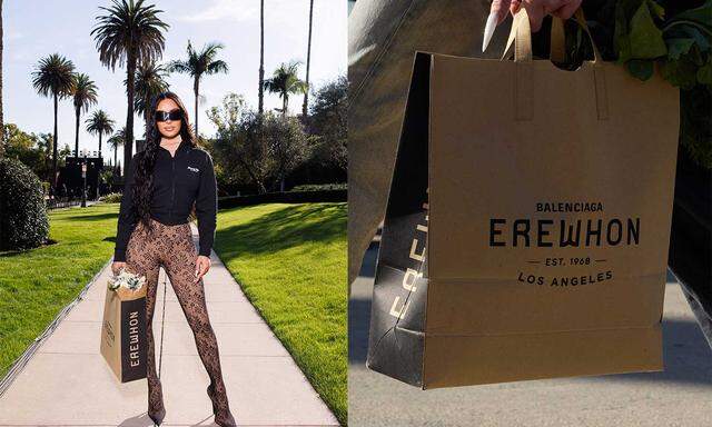 Kim Kardashian bei der Show von Balenciaga in Los Angeles und das Close-Up einer Einkaufstasche im Erewhon-Look.