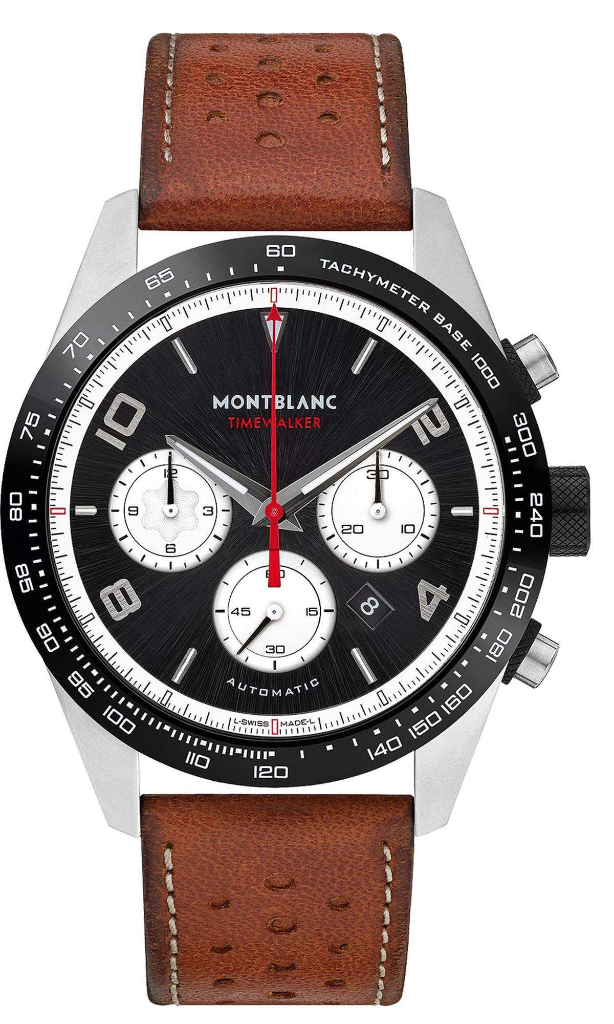 Montblanc „TimeWalker Automatic Chronograph". Dieses neue Modell aus der Rennsport-Linie von Montblanc fährt im angesagten „Reverse Panda"-Look vor.