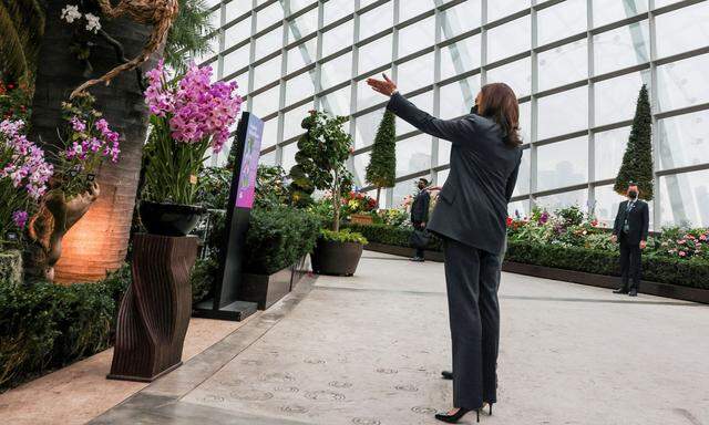 Kamala Harris betrachtet ihre Orchidee 