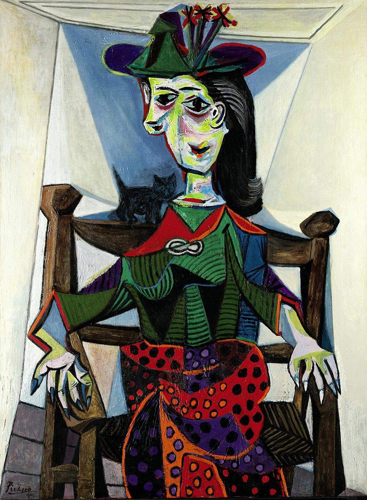 Picassos Werk "Dora Maar mit Katze" stammt aus dem Jahr 1941. Im Auktionshaus Sotheby's in New York wurde es im Mai 2006 um 95,2 Millionen Dollar verkauft. Die kleine schwarze Katze befindet sich über der Schulter von Picassos Muse. Die französische Fotografin und Malerin galt auch als Geliebte des spanischen Malers.