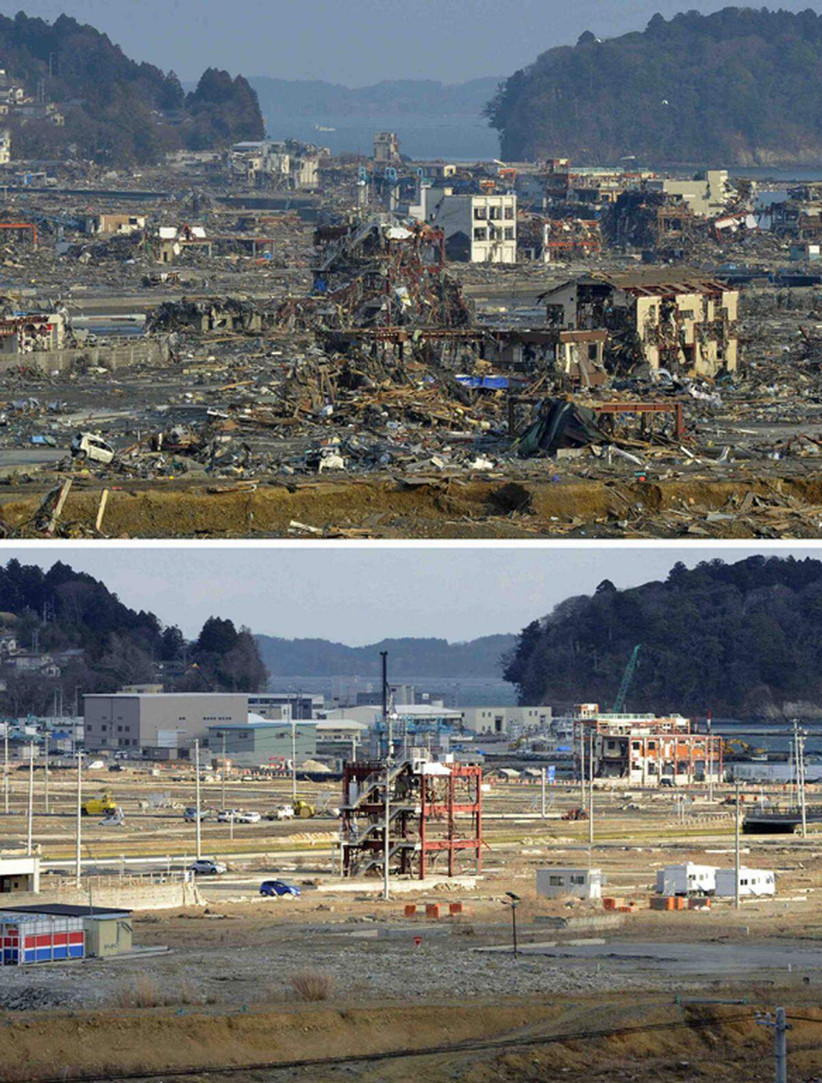 Minamisanriku am 13. März 2011 (oben) und am 2. März 2013.