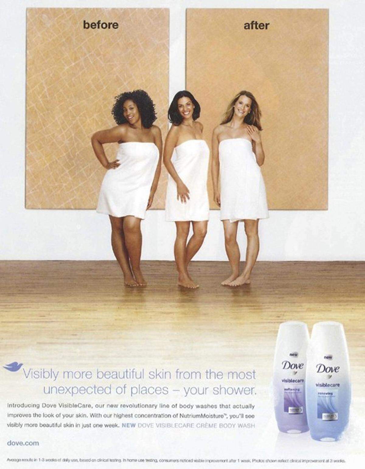 Auch bei Beauty-Werbungen kommt der rassistische Vorwurf immer wieder auf. So wie in dieser Werbung von Dove. Drei Frauen unterschiedlicher Hautfarbe stehen dabei nebeneinander. Kritiker sagen, dass hier der Eindruck erweckt wird, dass man mit Dove Schritt für Schritt einen helleren Hautton bekommt.