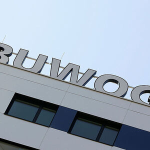 The logo of Austrian property group Buwog is pictured on an office building in Vienna