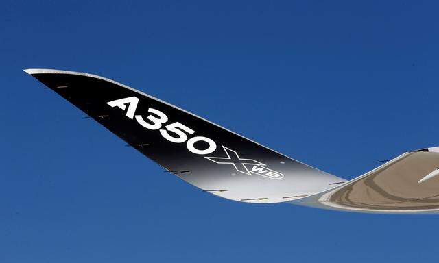 A winglet of the Airbus A350 XWB flight-test aircraft is pictured during a media day event at Guarulhos airport in Sao Paulo