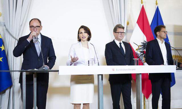 Gesundheitsminister Johannes Rauch (Grüne), Verfassungsministerin Karoline Edtstadler (ÖVP), Bildungsminister Martin Polaschek (ÖVP) und Alexander Bogner (ÖAW)