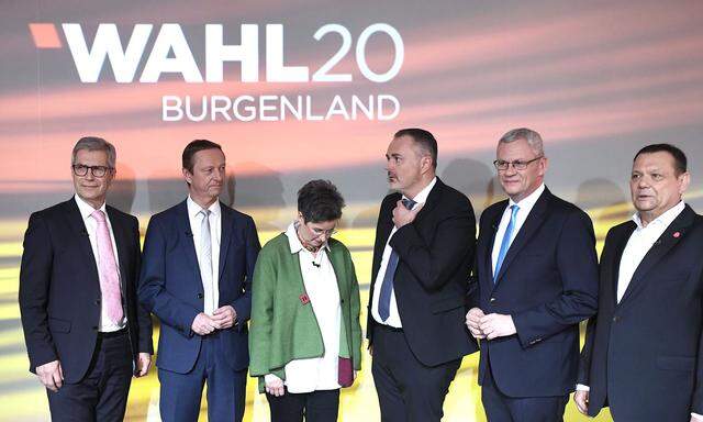 Die Spitzenpolitiker vor der Diskussion im ORF Burgenland: Kölly (LBL), Tschürtz (FP), Petrik (Grüne), Doskozil (SP), Steiner (VP) und Posch (Neos).