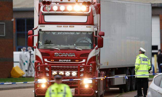 FILE PHOTO: The scene where bodies were discovered in a lorry container, in Grays, Essex