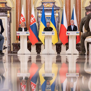 Čaputová, Selenskij und Pavel bei der gemeinsamen Pressekonferenz in Kiew.