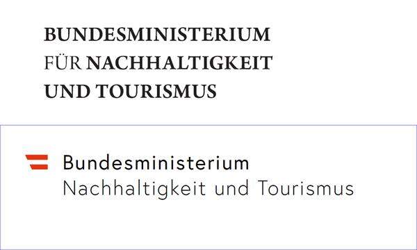 Aus einem schlichten dreizeiligen Text wurde beim Ministerium für Nachhaltigkeit und Tourismus nun ein zweizeiliger Text - inklusive Österreich-Farbtupfer. Im Bild: oben das alte Logo, unten das neue Logo