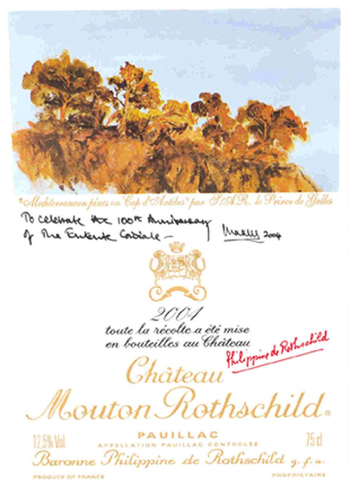 Das Etikett von Prince Charles für den 2004 Château Mouton zeigt eine herbstliche Baumsilhouette.