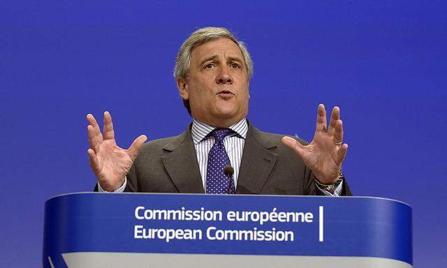 European Commission Vice-President Tajani gestures during a news conference on the European defence industry in Brussels