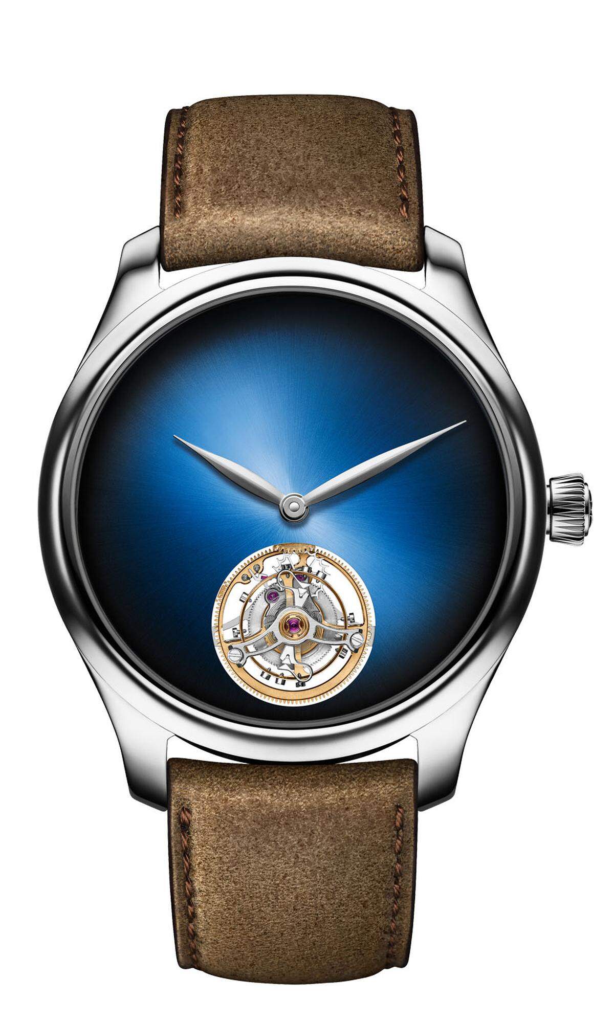 H. Moser &amp; Cie, „Endeavour Tourbillon Concept“: Nur 20 Exemplare wird es von dieser exklusiven Uhr mit fliegendem Tourbillon geben. Um sich von der Masse abzuheben, hat man auf jeglichen Markenhinweis auf dem metallisch blau schimmernden Zifferblatt mit dem typischen Farbverlauf verzichtet.