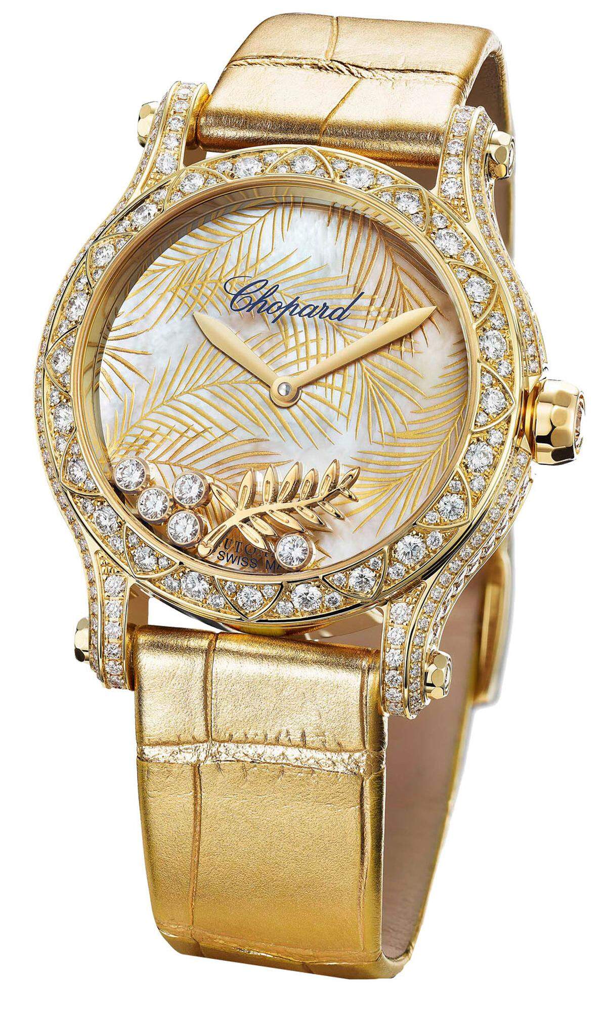 Chopard, „Happy Palm“: Als Partner des Cannes-Filmfestivals präsentiert Chopard hier ein Modell, das von der Goldenen Palme inspiriert ist. Wie die Trophäe selbst ist auch die Uhr aus Fairmined-Gold hergestellt. Das Zifferblatt wurde mit Urushi-Lack veredelt.