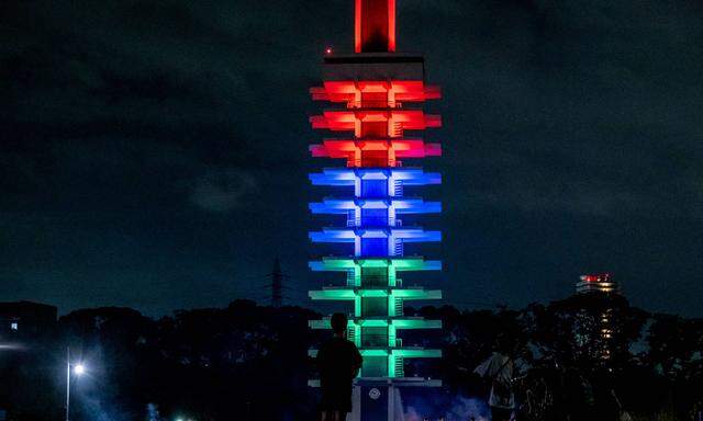 August 24, 2020, Tokyo, Japan: Komazawa Park Olympics Memorial Tower is lighted up in the colour of the Paralympics as