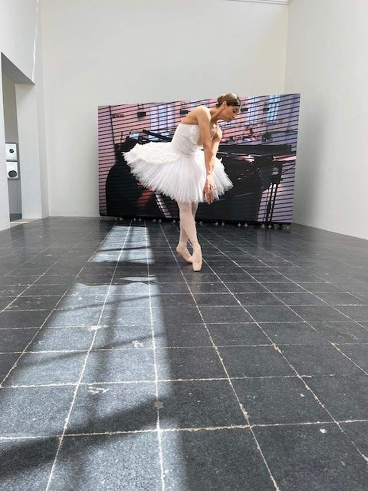 Dienstagmittag war der Österreich-Pavillon in den Giardini von Venedig von „Schwanensee“-Klavierklängen erfüllt, zu denen die ukrainischen Balletttänzerin und Choreografin Oksana Serheieva live tanzte.