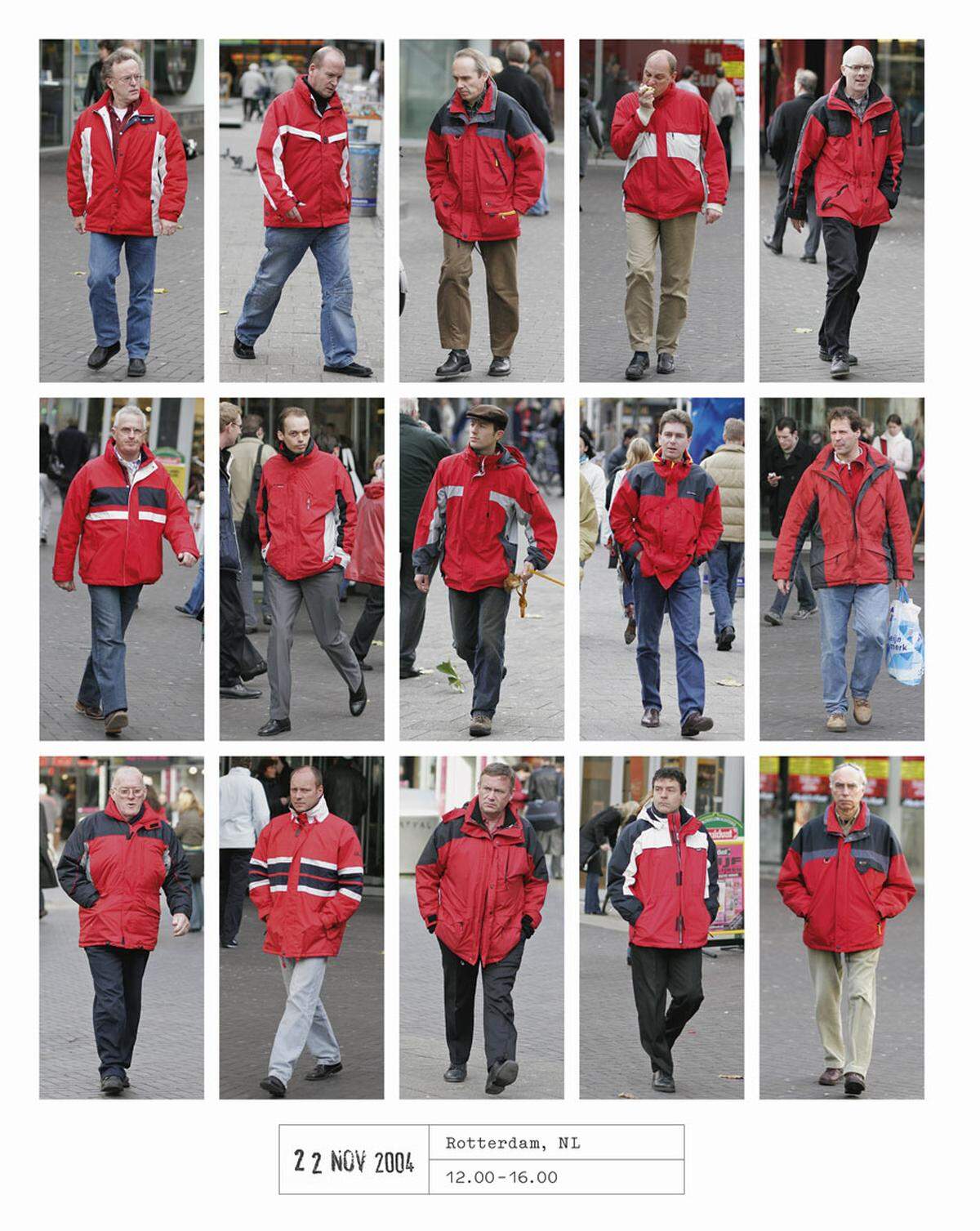 Um seine Fotomotive abzulichten, ging er besonders unauffällig ans Werk. Um den Hals trug er eine Kamera, der Auslöser betätigte er in der Hosentasche. Rote Jacken waren 2004 in Rotterdam der Renner.