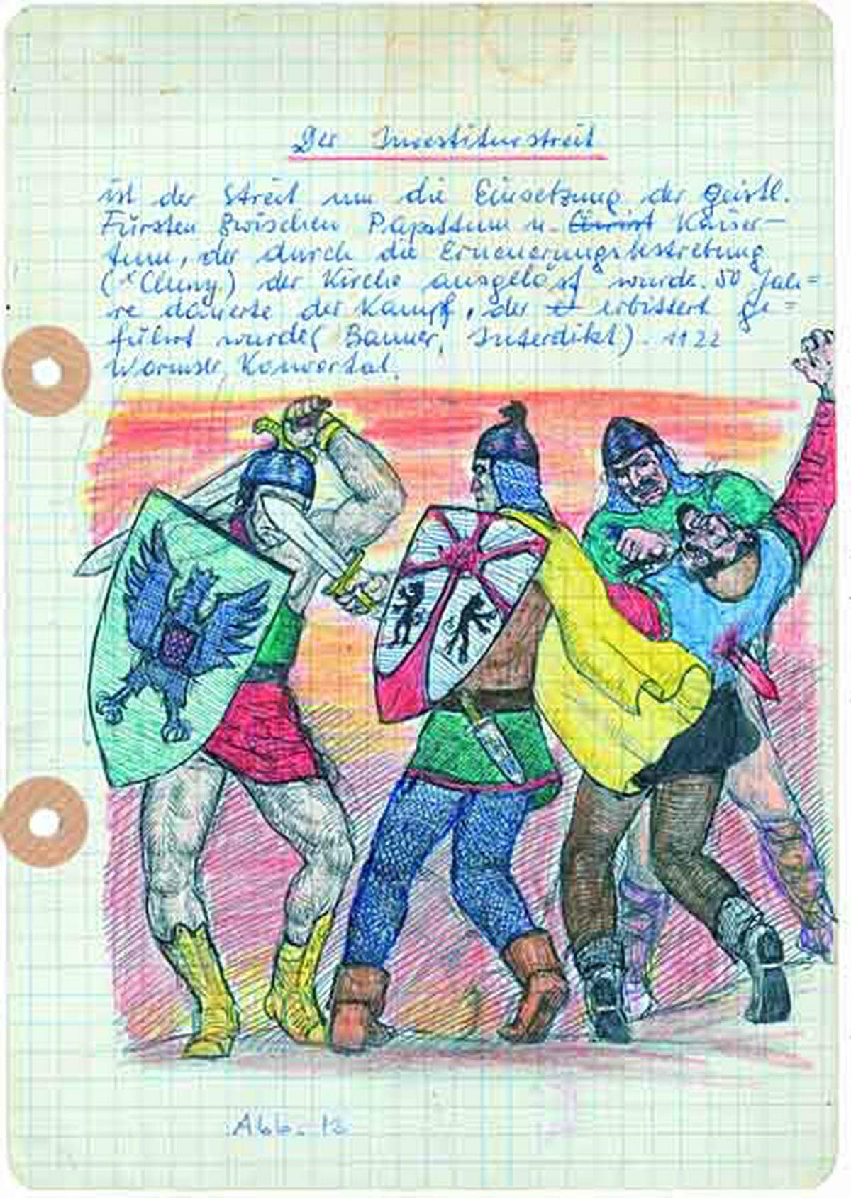 Manfred Deix wird am 22.2.1949 in St. Pölten geboren. Bereits als Kind zeichnet er gerne und viel.  Im Bild: Manfred Deix, ohne Titel (Schulheft, Der Investiturstreit), ohne Jahr