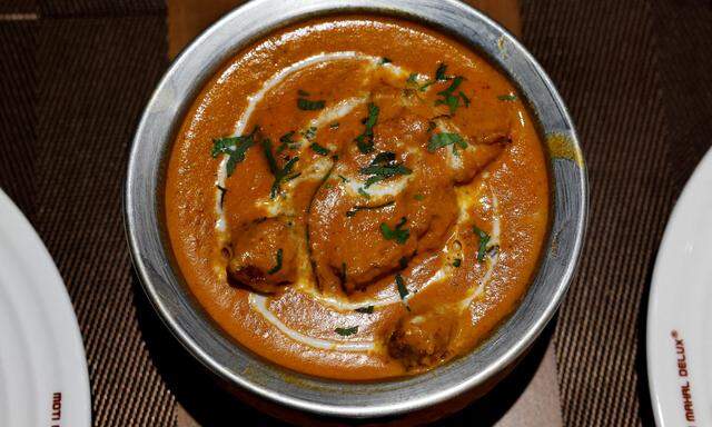 So sieht das Butter Chicken im Restaurant Moti Mahal aus. 