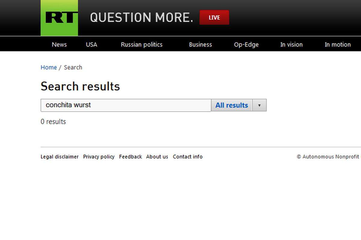 Ein eindeutiges Ergebnis liefert die Suche nach dem Namen Conchita Wurst auf dem staatlichen, englischsprachigen News-Portal "Russia Today": Null Treffer.