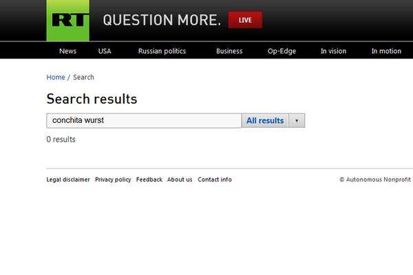 Ein eindeutiges Ergebnis liefert die Suche nach dem Namen Conchita Wurst auf dem staatlichen, englischsprachigen News-Portal "Russia Today": Null Treffer.