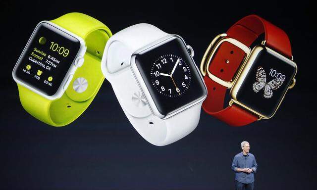 Apple CEO Tim Cook speaking about the Apple Watch during an Apple event at the Flint Center in Cupertino