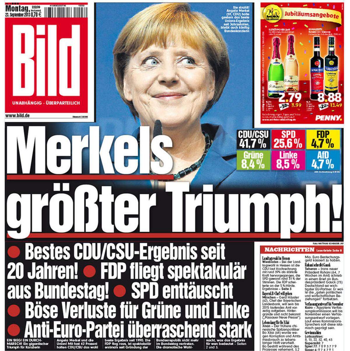 Die strahlende Wahl-Siegerin Angela Merkel ist auf allen deutschen Titelblättern vertreten - ein kleiner Überblick.