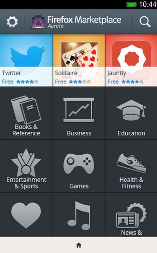 Ein mobiles Betriebssystem steht und fällt mit seinem App-Angebot. Das lässt bei Firefox OS naturgemäß noch zu wünschen übrig, immerhin ist das System ja noch gar nicht fertiggestellt. Der Marketplace gliedert sich wie bei der Konkurrenz in diverse Kategorien und zeigt am oberen Rand ausgewählte Highlights.