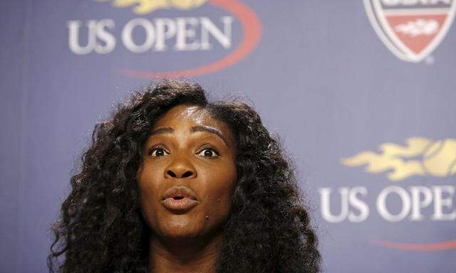 Serena Williams of the U.S. speaks during a news conference at the USTA Billie Jean King National Tennis Center ahead of the 2015 U.S. Open tennis tournament in New York