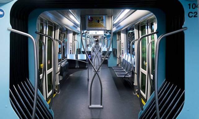Luxembourg City Luxembourg November 2 2018 Futuristic blue interior of the Luxembourg tramway TR