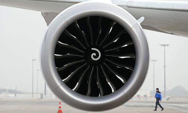 The engine of the airline's new Boeing Inc. 787-9 Dreamliner passenger aircraft is seen as it stands on the tarmac at Charles de Gaulle Airport in Roissy