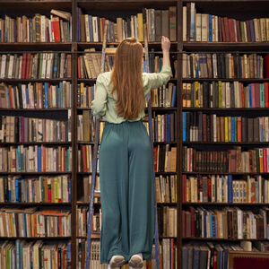 Young woman standing on ladder while searching book in library model released Symbolfoto property released VEGF04390